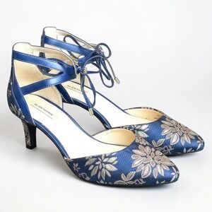 Alex Marie Newburne Pumps Women 6.5 Blue Silver Good Floral Brocade Kitten Heel